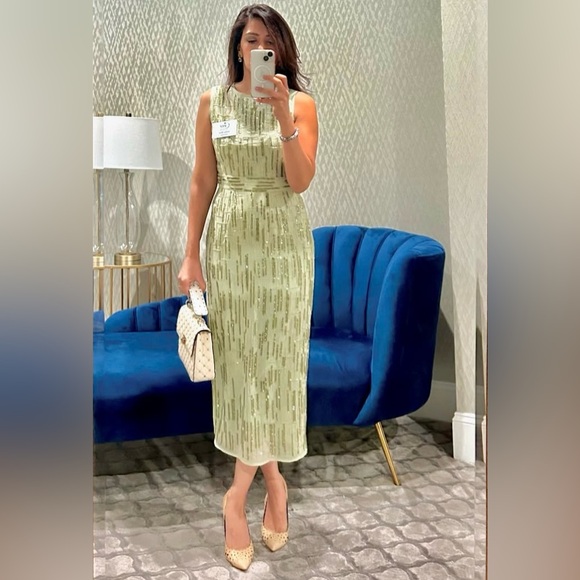 MAC DUGGAL Dress Size 14 Cocktail Gown Sequin Green Beaded Midi Sage Green NEW - Picture 3 of 15